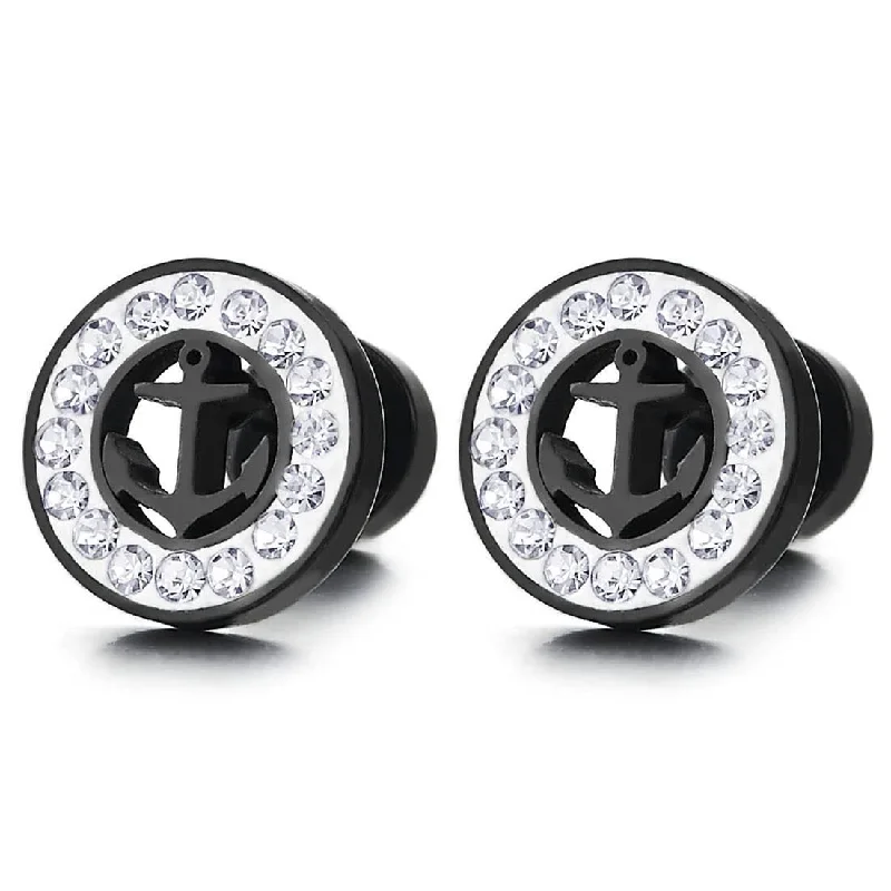 Stud Earrings with Debossed Designs -Mens Women Black Steel Circle Stud Earrings Marine Anchor and White Cubic Zirconia Screw Back 2 pcs