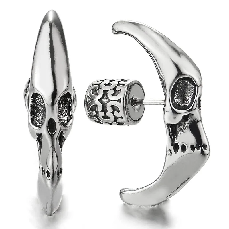 Stud Earrings with Symbolic Elements -Mens Women Half Hoop Skull Crescent Moon Stud Earrings, Stainless Steel, Gothic, 2pcs