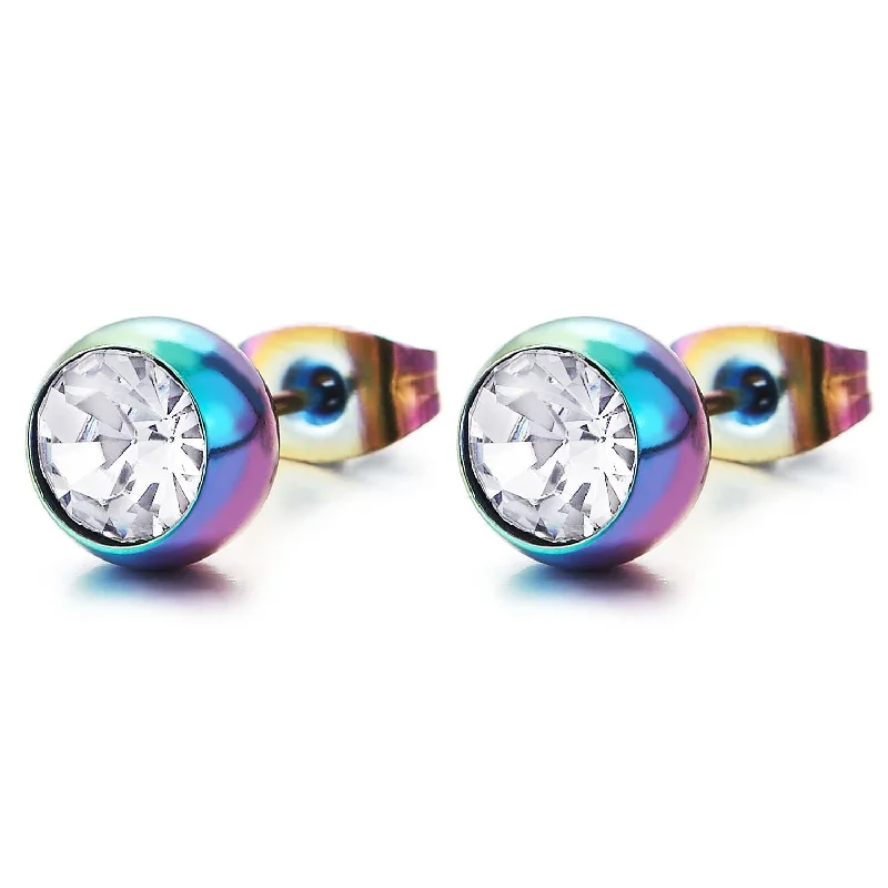 Stud Earrings for Graduation Day -Mens Women Rainbow Oxidized Stainless Steel Round Stud Earrings with White Cubic Zirconia 2 pcs