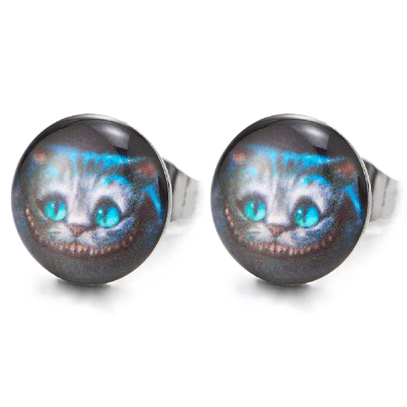 Stud Earrings with Etching -Mens Women Stainless Steel Blue Cute Cat Stud Earrings 2 pcs