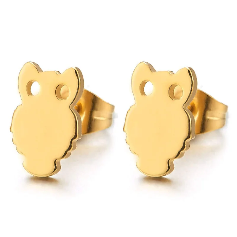 Stud Earrings for Wedding Ceremony -Mens Womens Boys Gold Color Owl Stud Earrings in Stainless Steel, 2 pcs