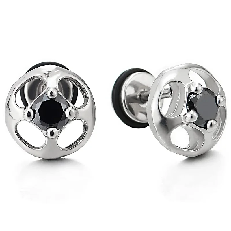 Stud Earrings for Beach Outfit -Mens Womens Stainless Steel Circle Cross Stud Earrings with Black Cubic Zirconia, Screw Back, 2 PCS