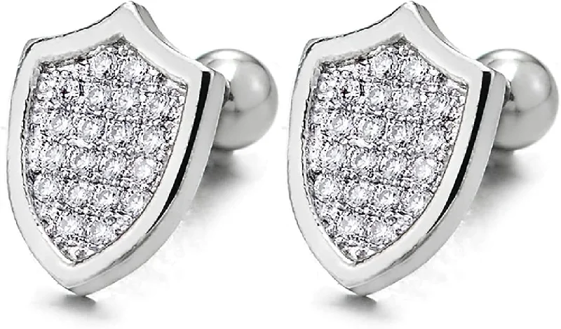 Indian Stud Earrings with Intricacy -Mens Womens Steel Shield Cubic Zirconia Stud Earrings, Screw Back, Dazzling