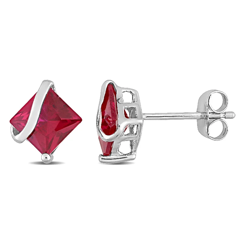 Stud Earrings with Embossed Patterns -Mimi & Max 2 1/3ct' TGW Square Cut Created Ruby Stud Earrings in 10k White Gold