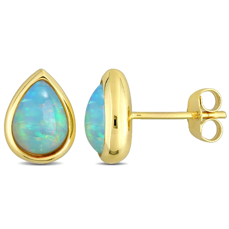 Stud Earrings with Etching -Mimi & Max 2 1/5ct TGW Pear-cut Ethiopian Blue Opal Stud Earrings in 10k Yellow Gold