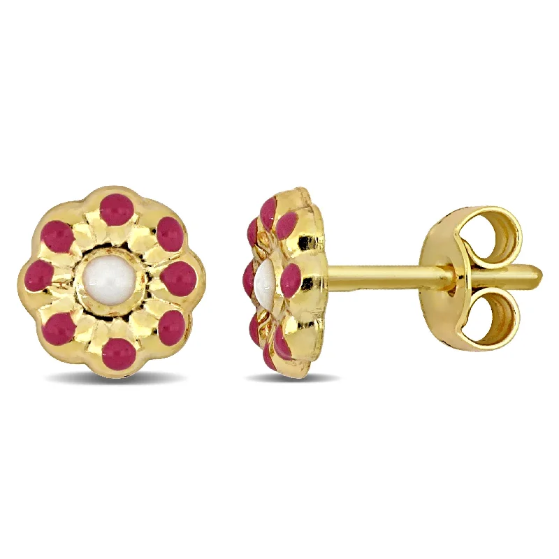 Stud Earrings with Hammered Finish -Mimi & Max Pink and White Enamel Flower Stud Earrings in 14k Yellow Gold