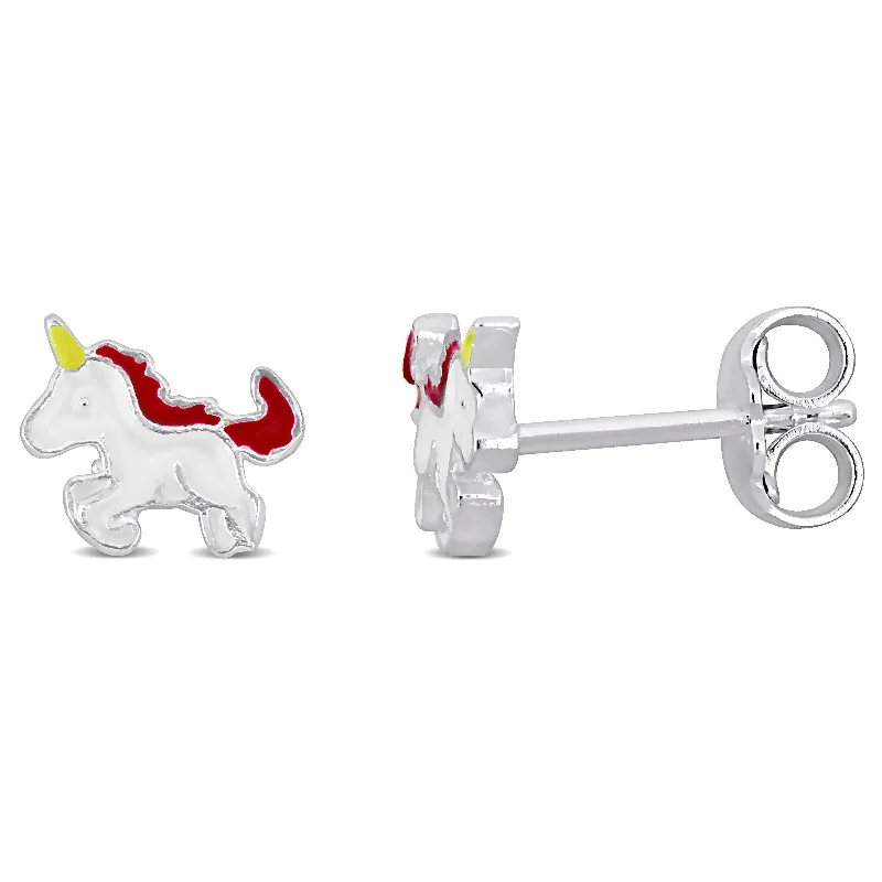 Hypoallergenic Stud Earrings for Sensitive -Mimi & Max Pink and White Enamel Unicorn Stud Earrings in Sterling Silver