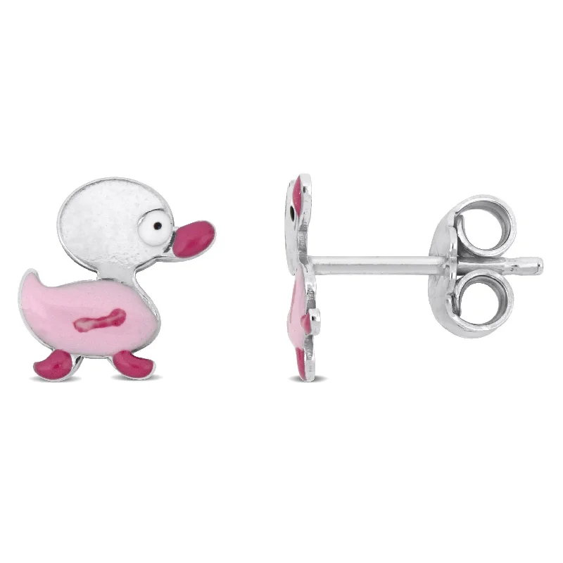 Crystal Stud Earrings for Sparkle -Mimi & Max Pink Enamel Duck Stud Earrings in Sterling Silver