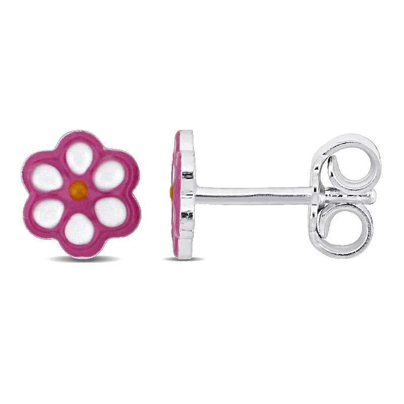 Crystal Stud Earrings for Sparkle -Mimi & Max Pink Enamel Flower Stud Earrings in Sterling Silver