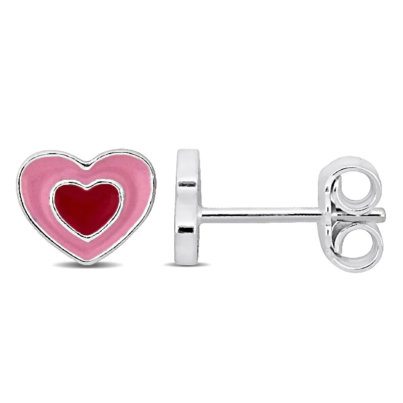 Geometric Stud Earrings for Trend -Mimi & Max Pink Enamel Heart Stud Earrings in Sterling Silver