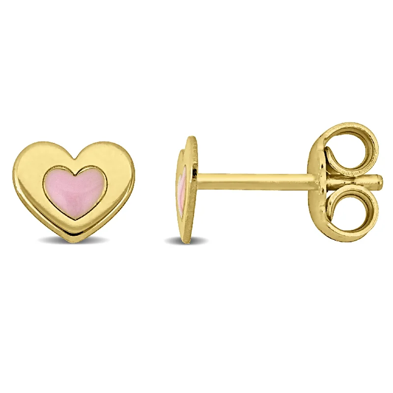 Stud Earrings for Office Wear -Mimi & Max Pink Enamel Heart Stud Earrings in Yellow Plated Sterling Silver