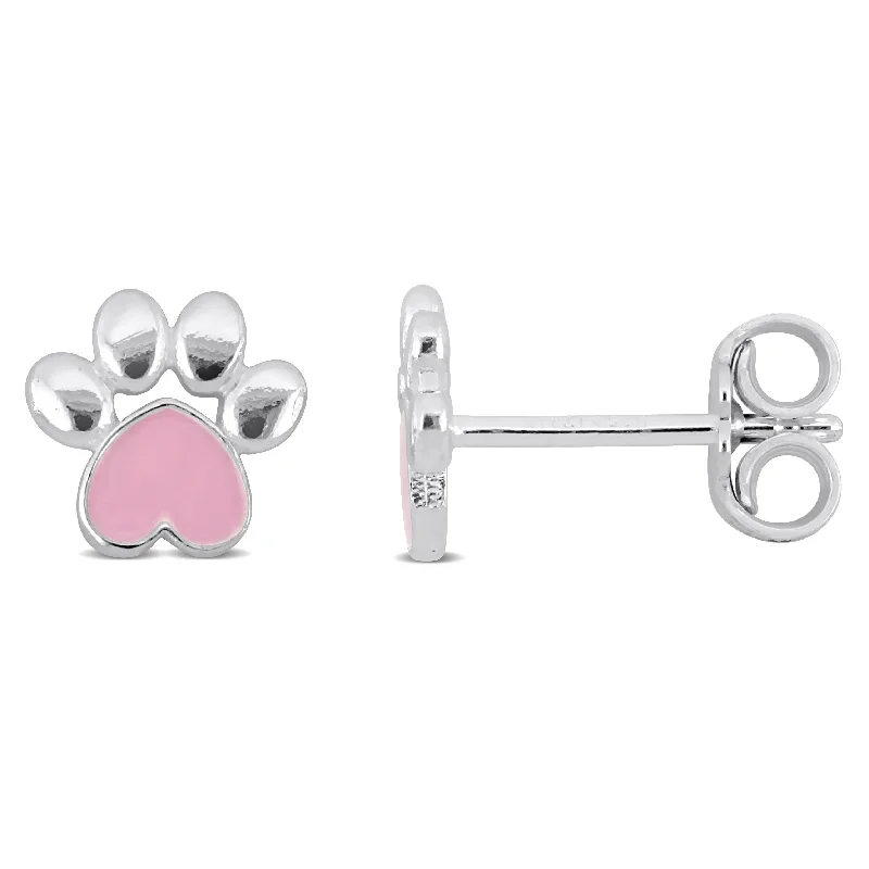 Stud Earrings with Wave Designs -Mimi & Max Pink Enamel Paw Stud Earrings in Sterling Silver