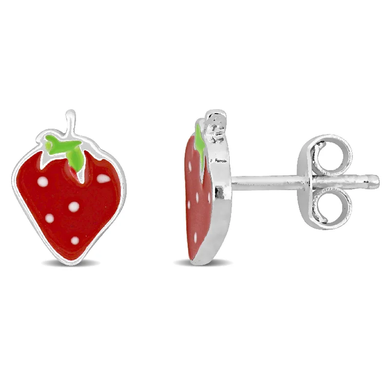 Contemporary Stud Earrings for Fashion -Mimi & Max Red and Green Enamel Strawberry Stud Earrings in Sterling Silver