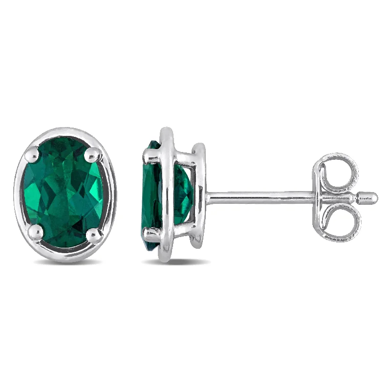 Stud Earrings with Leaf Motifs -Mimi & Max Women's 1 3/5ct TGW Created Emerald Bezel Style Oval Stud Earrings in Sterling Silver