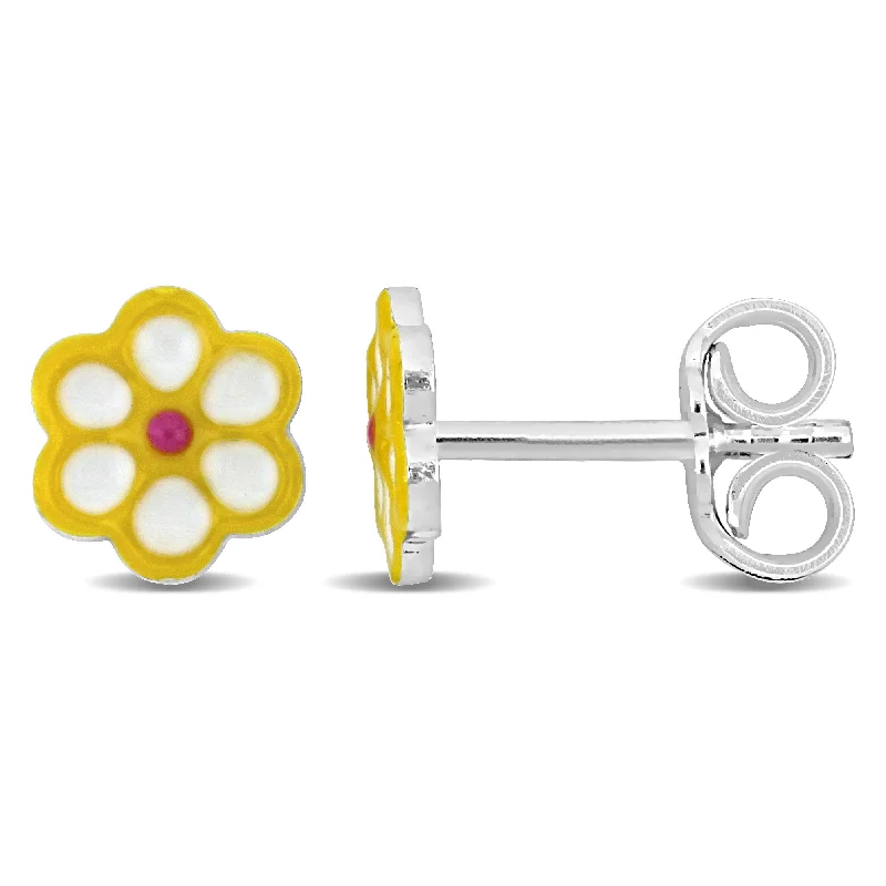 Stud Earrings with Vine Designs -Mimi & Max Yellow Enamel Flower Stud Earrings in Sterling Silver