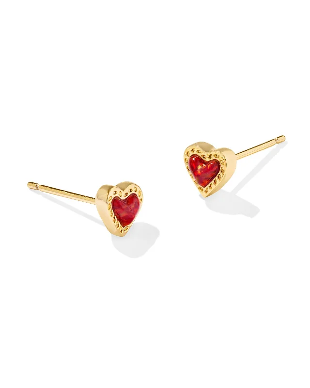 Small Stud Earrings for Delicate -Kendra Scott Mini Ari Heart Gold Stud Earrings in Red Kyocera Opal