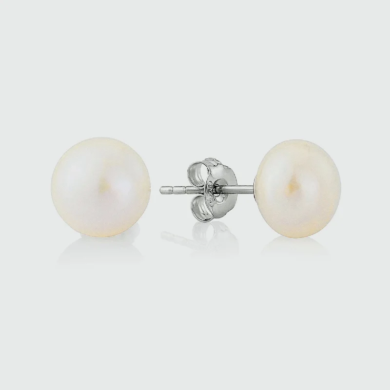 Stud Earrings with Floral Motifs -Molina White Freshwater Pearl & Silver Stud Earrings