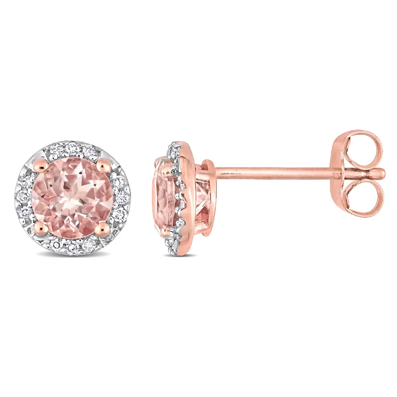 Stud Earrings with Star Motifs -Morganite and Diamond Halo Stud Earrings in 10k Rose Gold