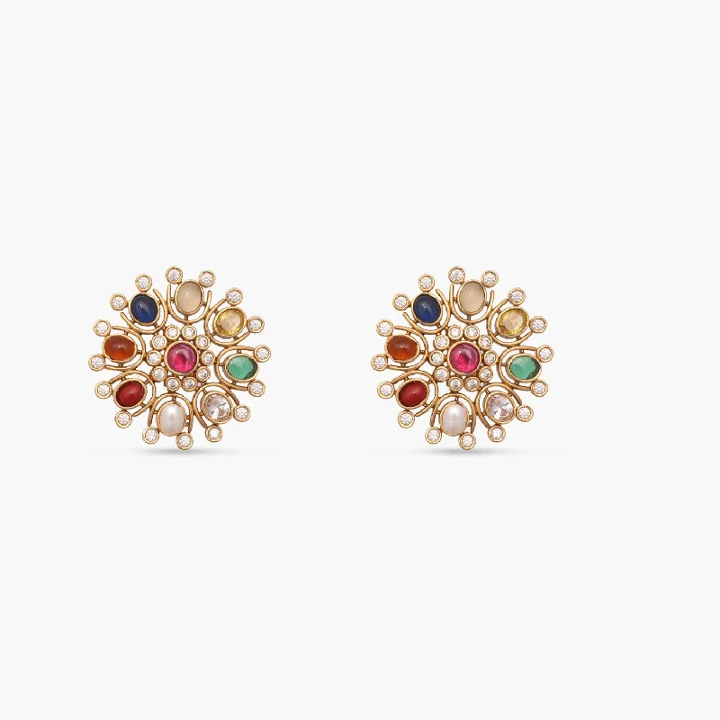 Stud Earrings for Travel Look -Navaratna Floral Stud Earrings