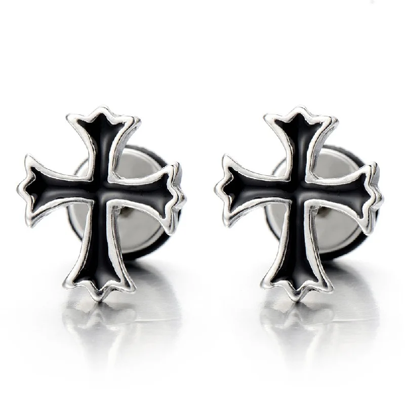 Retro Stud Earrings for Nostalgia -NEW Mens Womens Cross Stud Earrings in Stainless Steel with Black Enamel, Screw Back, 2 Pcs