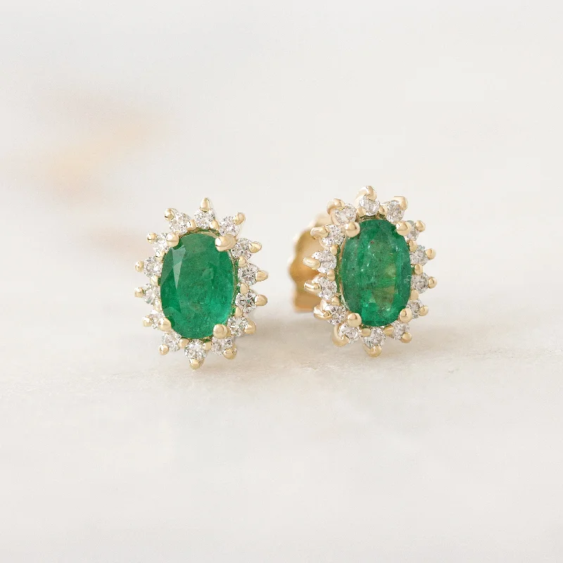 Lightweight Stud Earrings for All Day -Oval Emerald Diamond Halo Stud Earrings