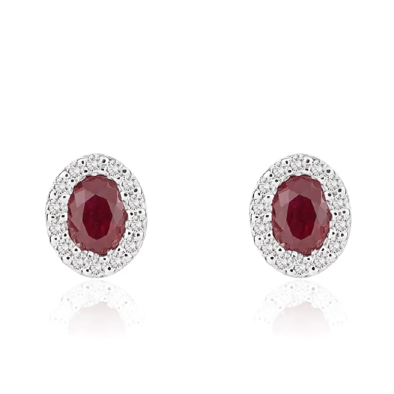 Triple Stud Earrings for Layered -Oval Ruby and Diamond Stud Earrings