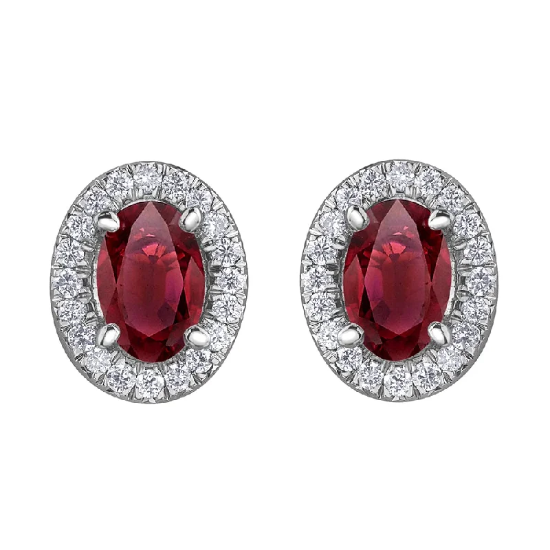 Oval Stud Earrings for Grace -Oval Ruby Stud Earrings with Diamond Halo