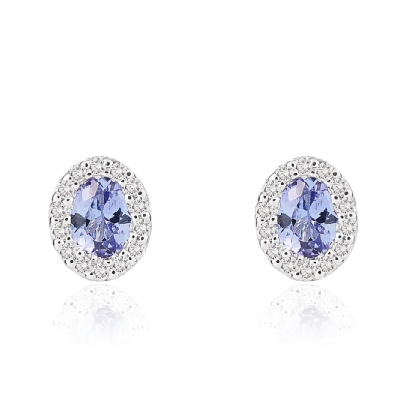 Screw Back Stud Earrings for Security -Oval Tanzanite and Diamond Stud Earrings