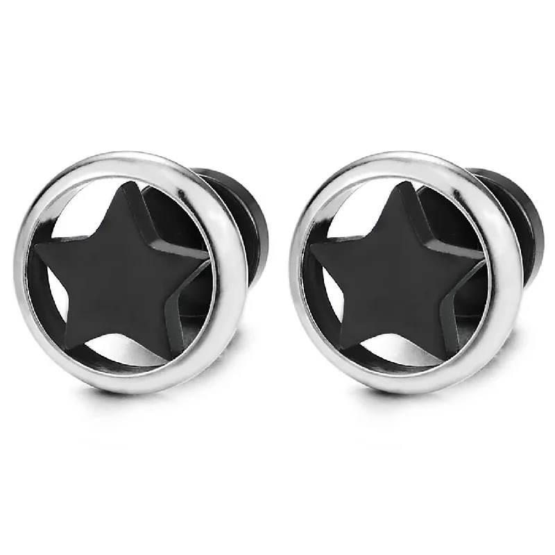 Clip On Stud Earrings for Non Pierced -Pair 10MM Stainless Steel Silver Circle Frame Black Star Stud Earrings for Man Women, Screw Back