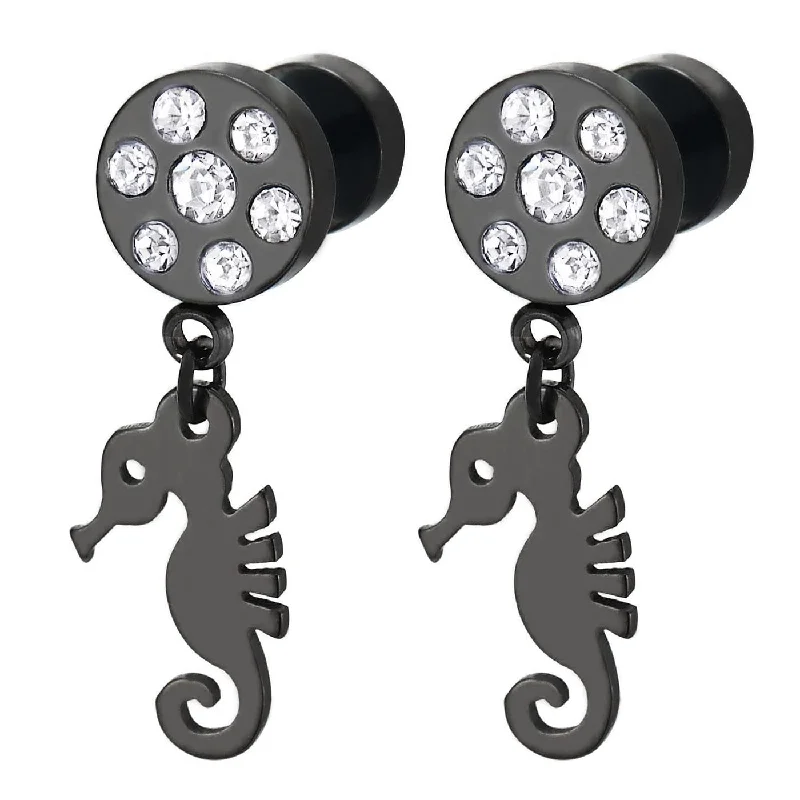 Stud Earrings for Gym Workout -Pair Black Screw Stud Earrings with Cubic Zirconia with Dangling Seahorse, for Men Women