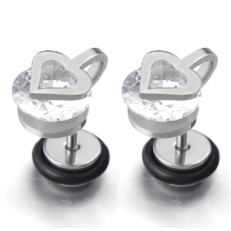 Stud Earrings with Rhinestones -Pair Heart Stud Earrings with Cubic Zirconia, Stainless Steel Screw Back