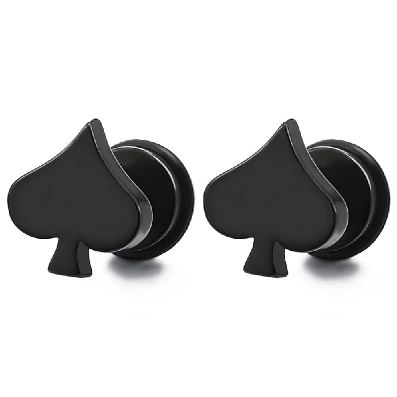 Tarnish Resistant Stud Earrings for Longevity -Pair Mens Womens Black Spade Stud Earrings Stainless Steel, Screw Back, Unique