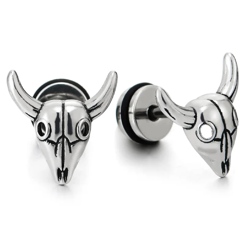 Stud Earrings for Formal Attire -Pair of Bull Goat Skull Stud Earrings Unisex for Mens Stainless Steel