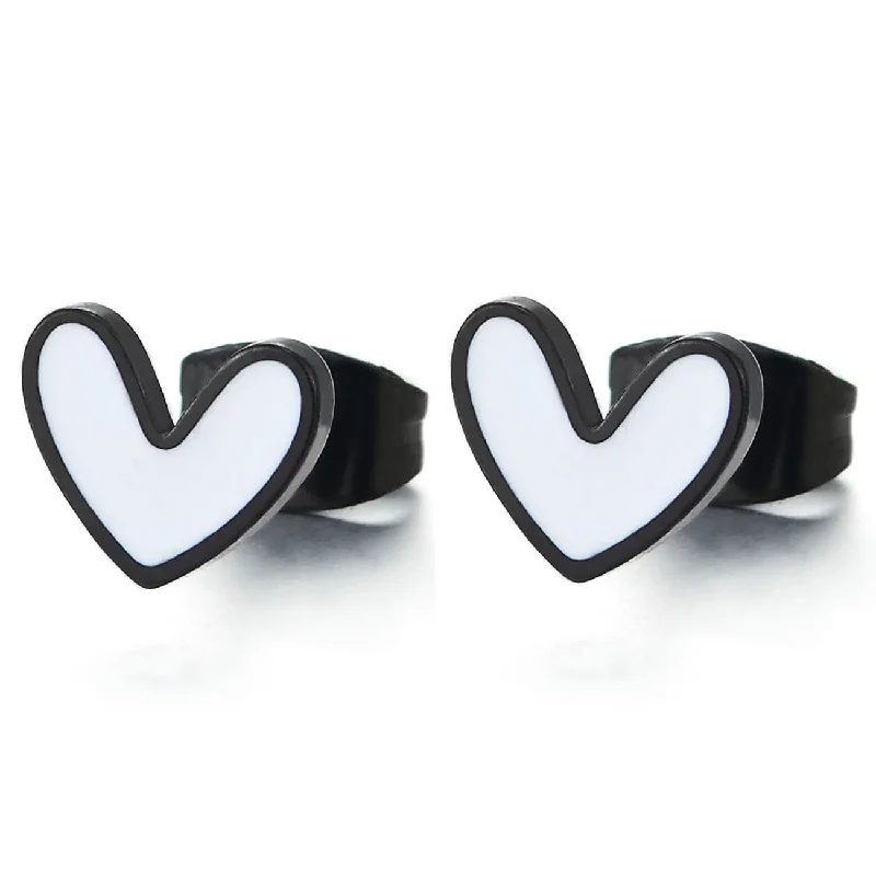 Pearl Stud Earrings for Elegance -Pair Small Black Flat Heart Stud Earrings with White Enamel, Stainless Steel Womens