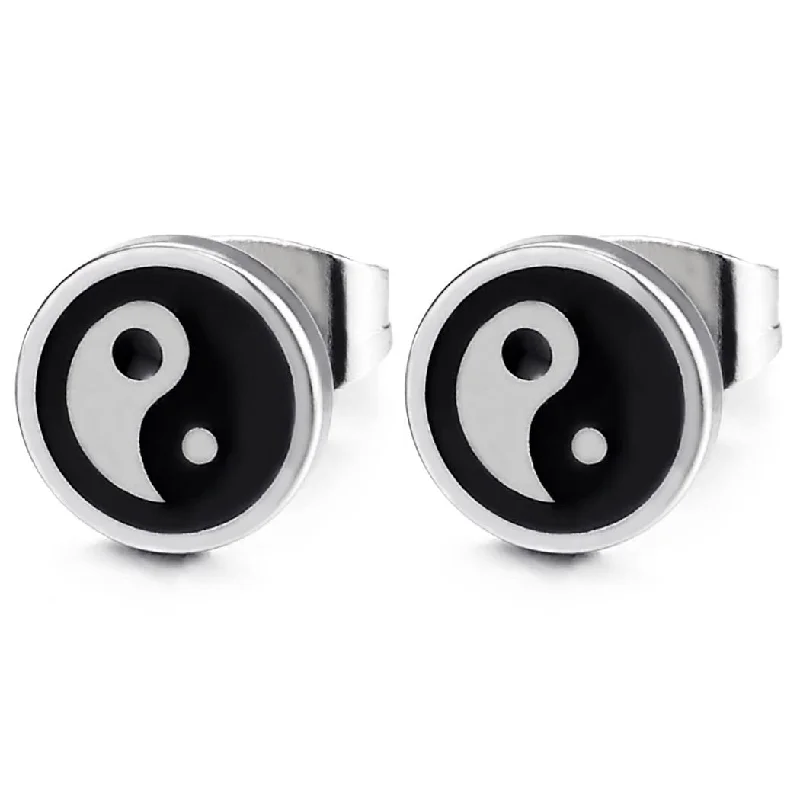 Stud Earrings for Work Attire -Pair Stainless Steel Circle Yin-Yang Stud Earrings with Black Enamel, for Men Women