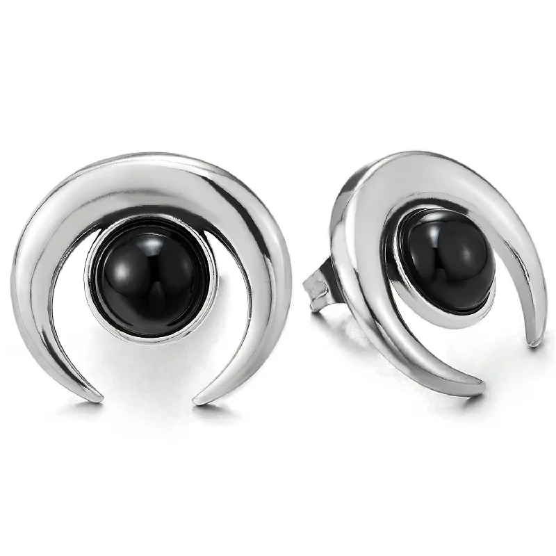 Multi Stud Earrings with Chains -Pair Stainless Steel Crescent Moon Hook Stud Earrings with Black Beads, for Mens Womens