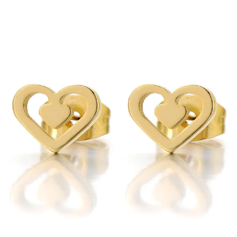 Stud Earrings for Casual Outfit -Pair Stainless Steel Heart Stud Earrings for Women for Girls Gold Color