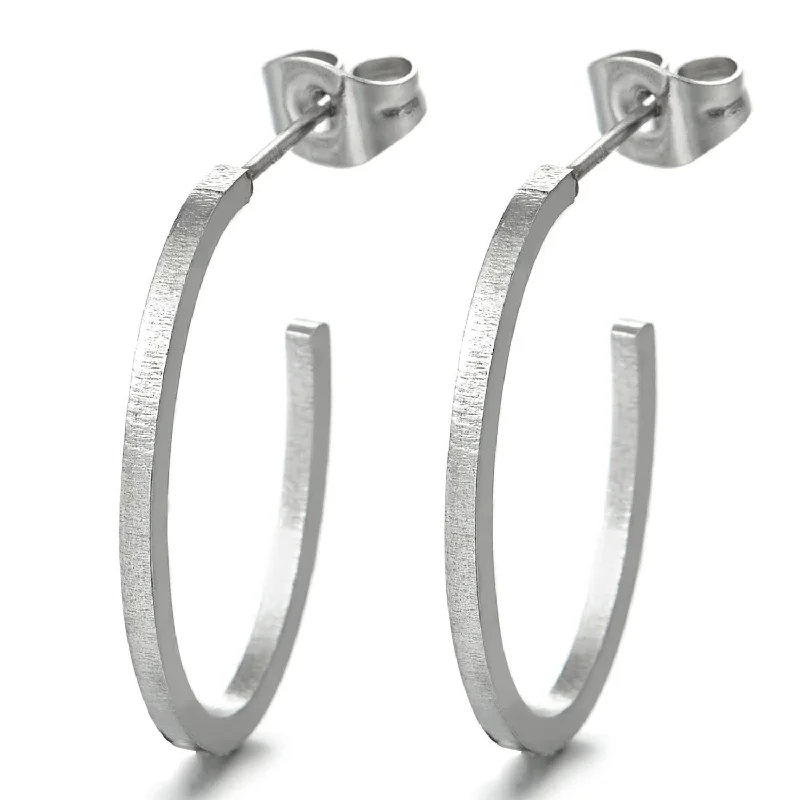 Stud Earrings with Crystals -Pair Stainless Steel Open Flat Oval Hoop Huggie Hinged Stud Earrings