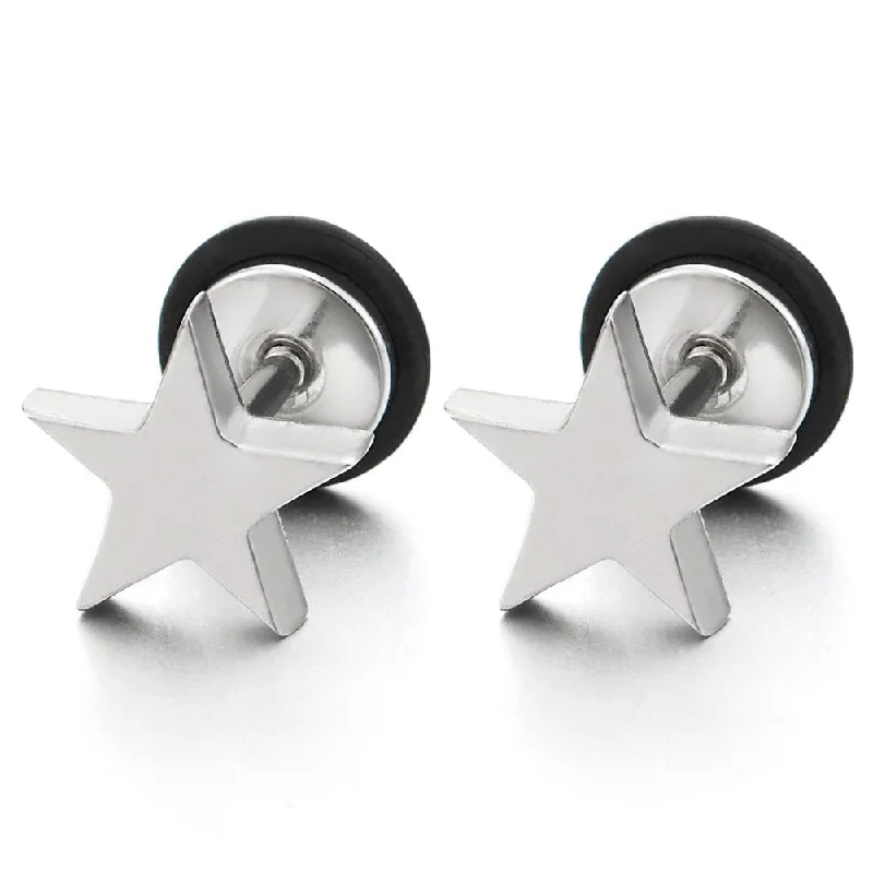 Stud Earrings for Shopping Trip -Pair Stainless Steel Plain Flat Star Pentagram Stud Earrings for Man Women, Screw Back, 2pcs