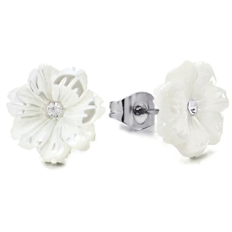 Adjustable Stud Earrings for Custom Fit -Pair White Acrylic Petal Flower Stud Earrings with Cubic Zirconia, for Women