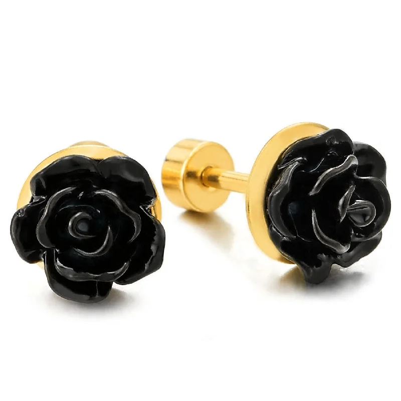 Stud Earrings with Crystals -Pair Women Black Rose Flower Stud Earrings of Stainless Steel Gold Color, Screw Back, Unique