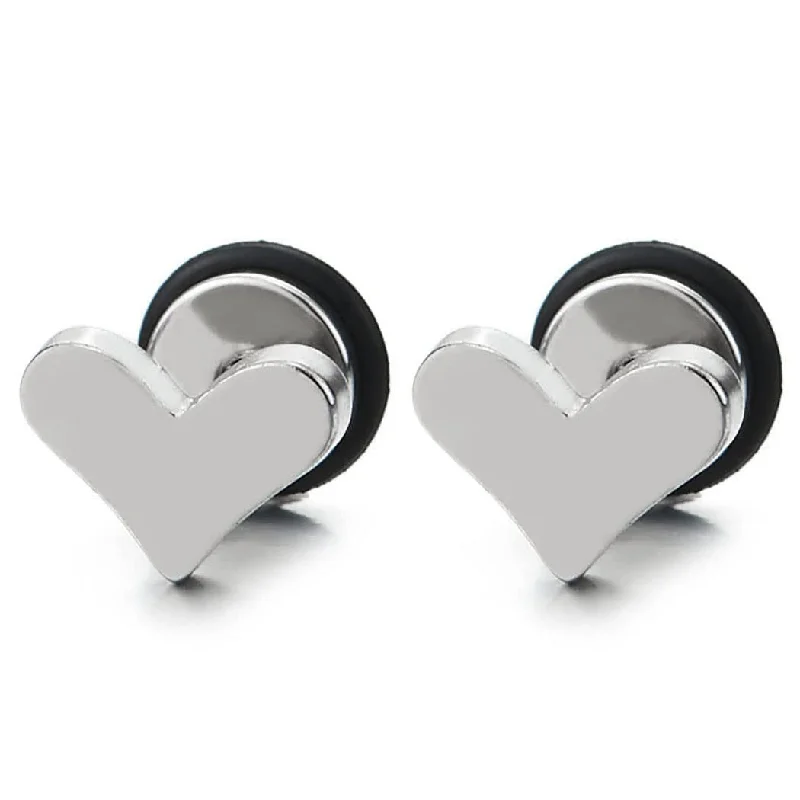 Stud Earrings with Textured Surface -Pair Womens Polished Flat Heart Stud Earrings Stainless Steel, Screw Back