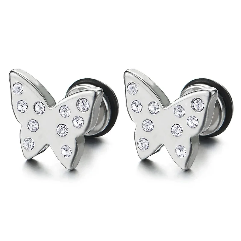 Stud Earrings for Office Wear -Pair Womens Stainless Steel Butterflies Stud Earrings with Cubic Zirconia, Screw Back