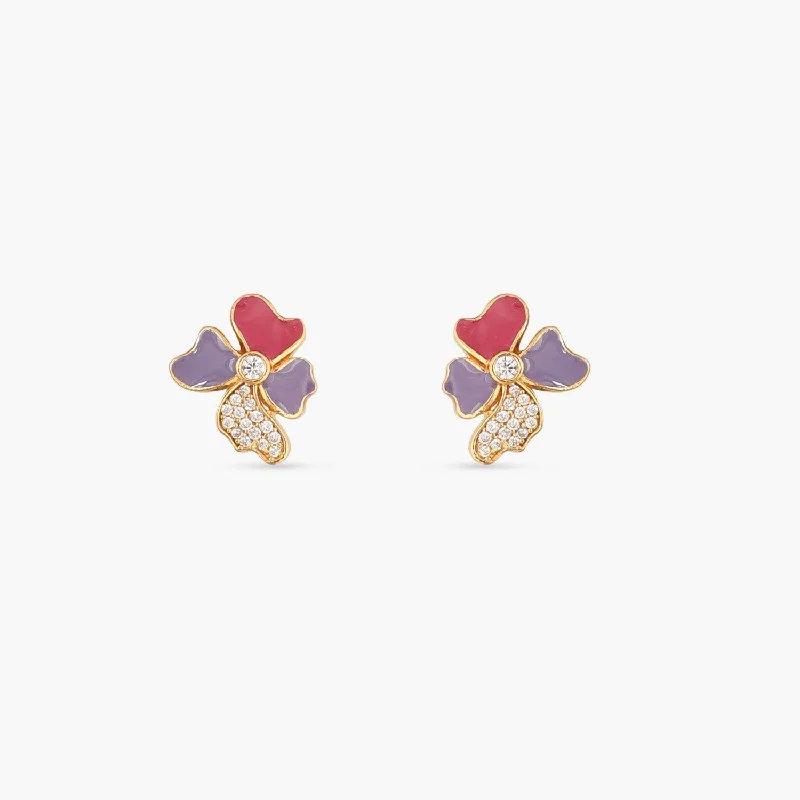 Stud Earrings with Vine Designs -Pansy Floral CZ Blossom Stud Earrings