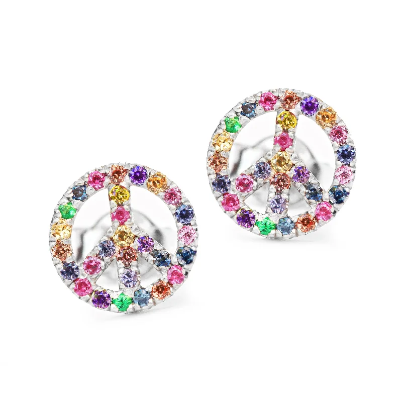 Stud Earrings with Etching -Peace Sign Rainbow Gemstone Unique Stud Earrings