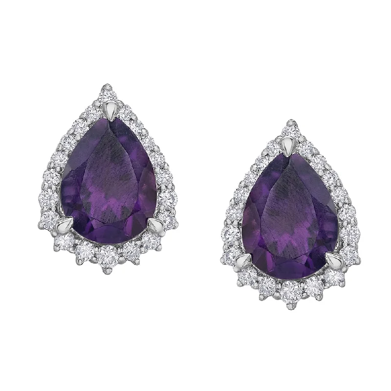 Hypoallergenic Stud Earrings for Sensitive -Pear-Shaped Amethyst and Diamond Stud Earrings