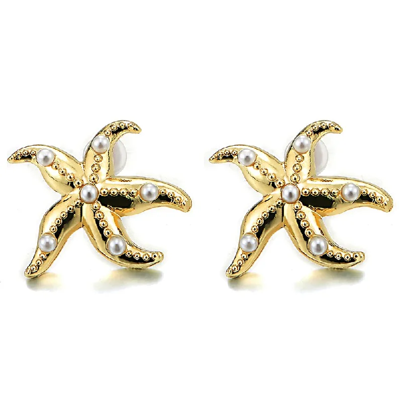 Stud Earrings for Wellness Routine -Pretty Gold Color Starfish Stud Earrings with Pearl