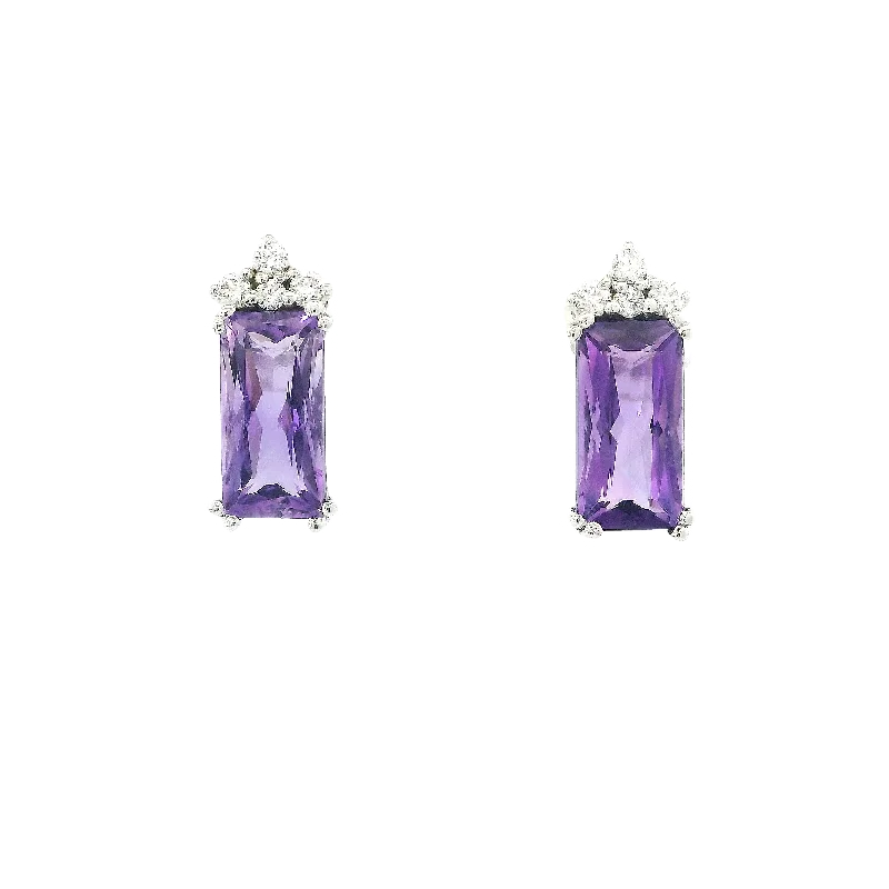 Stud Earrings for Work Attire -Radiant Cut Amethyst and Canadian Diamond Stud Earrings