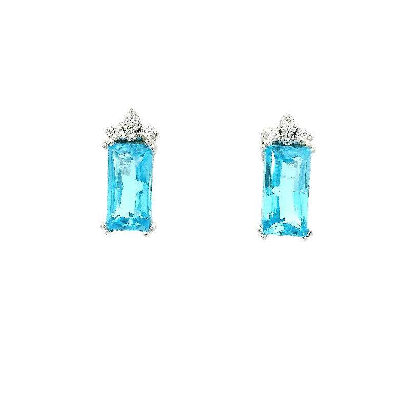 Stud Earrings for Beach Outfit -Radiant Cut Blue Topaz and Canadian Diamond Stud Earrings