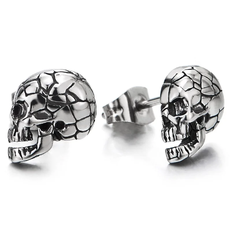 Stud Earrings with Enamel -Rock Punk Gothic Stainless Steel Crack Skull Stud Earrings for Men Women, 2 pcs